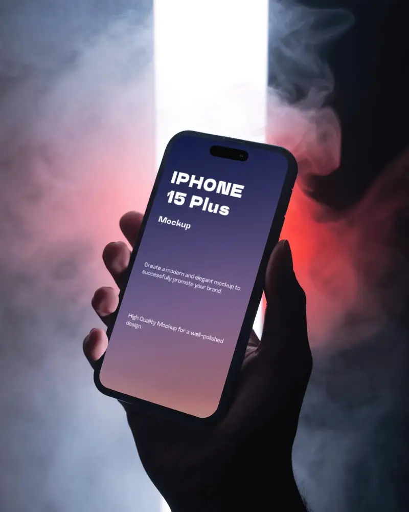 Iphone 15 Plus Mockup Handheld In Smoky Scene With Glowing Backlight And Red Side Glow