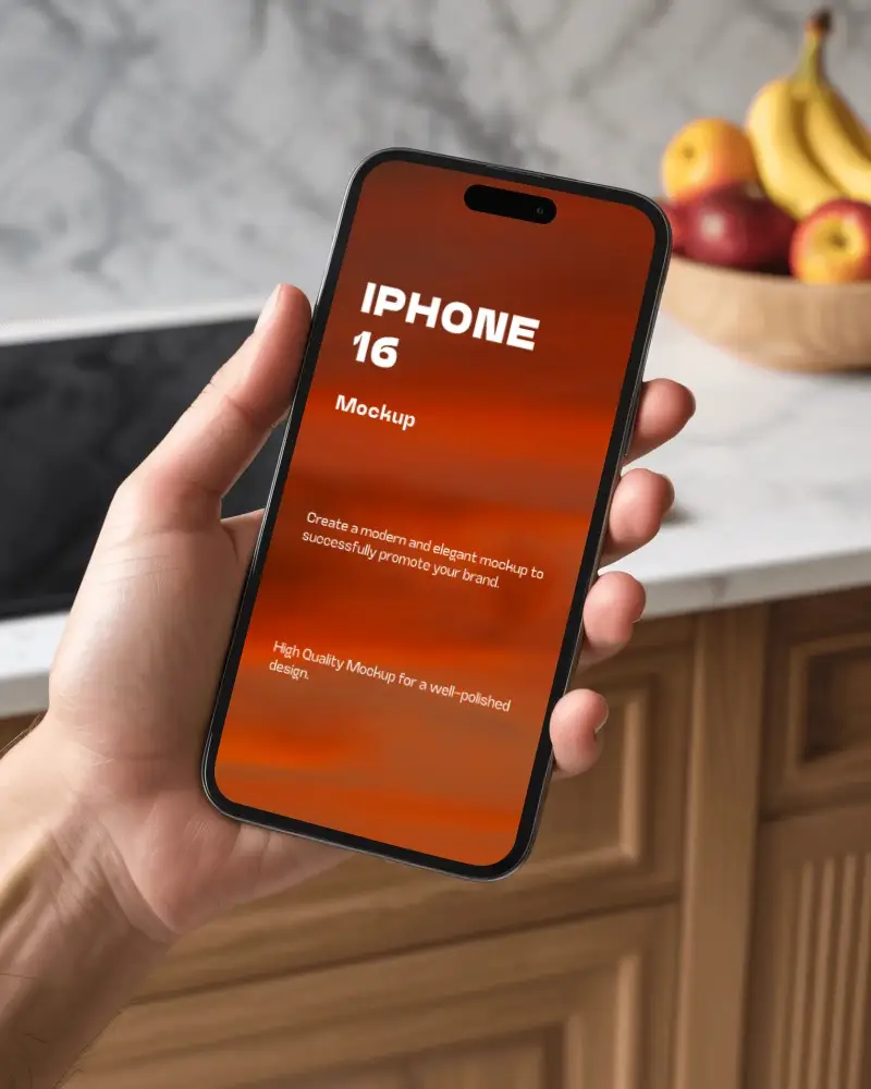 Iphone 16 Mockup Handheld In Kitchen Scene With Fruit Bowl And Marble Counter Background