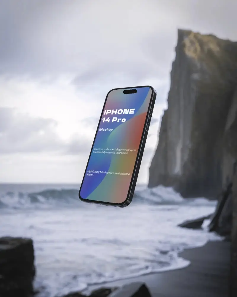 Floating Iphone 14 Pro Mockup Dramatic Seaside Cliff Background With Ocean Waves