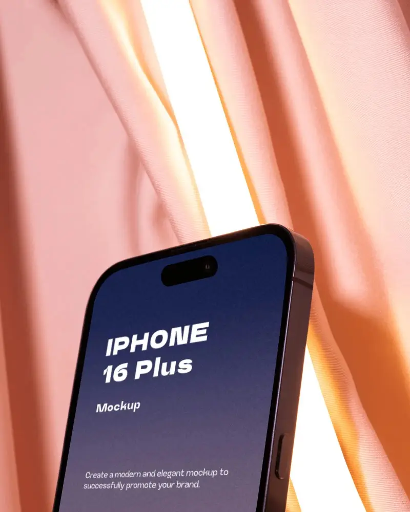 Closeup Iphone 16 Plus Mockup In Front Of Soft Pink Curtain And Glowing Light Strip