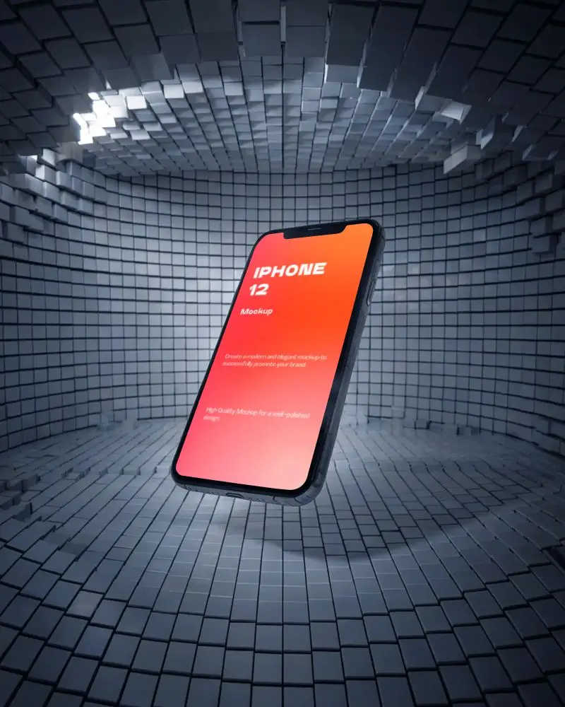 Iphone 12 Mockup Floating In 3d Tiled Room With Curved Abstract Wall And Spotlight
