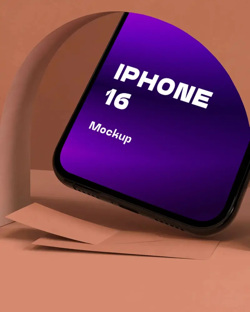 Iphone 16 Mockup Closeup On Minimal Terracotta Scene With Abstract Paper Elements