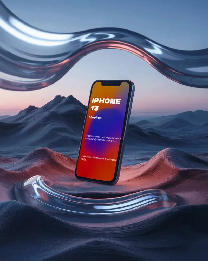 Iphone 13 Mockup Floating Over Digital Desert Landscape With Liquid Glass Elements