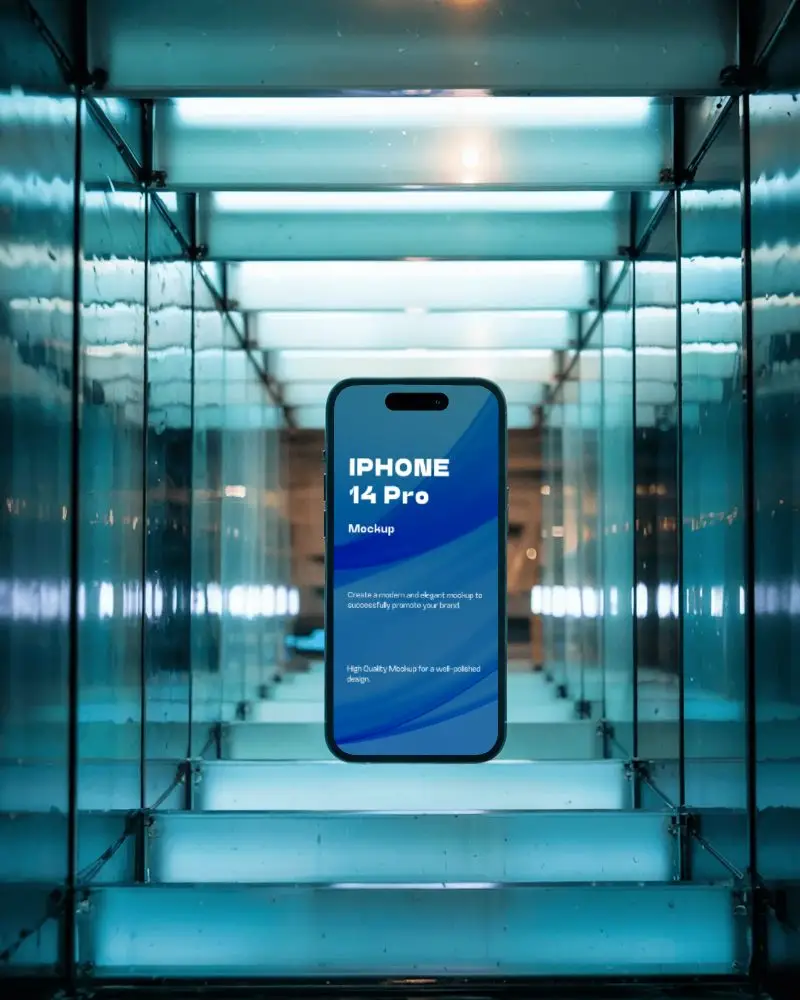 Iphone 14 Pro Mockup Floating In Glass Tunnel With Futuristic Blue Lighting Effects