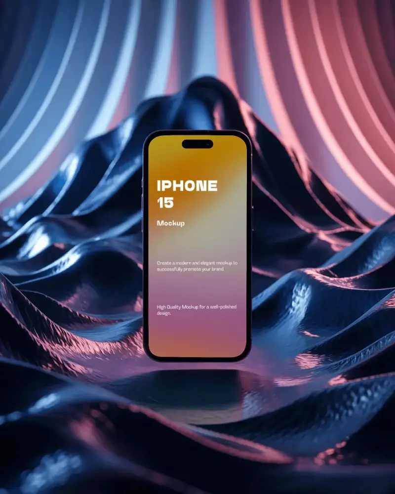 Futuristic Wave Surface Iphone 15 Mockup Under Glow Arcs And Dual Tone Light