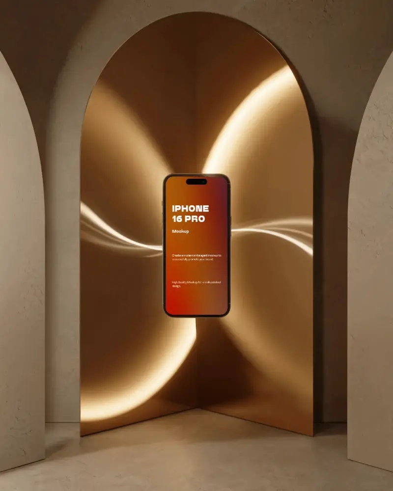 Iphone 16 Pro Mockup Floating In Golden Arched Niche With Glowing Curved Light