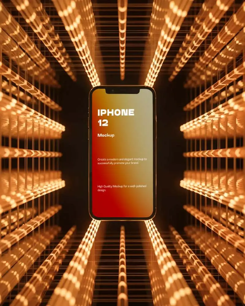 Iphone 12 Mockup Floating In Orange Light Tunnel With Symmetrical Led Reflections