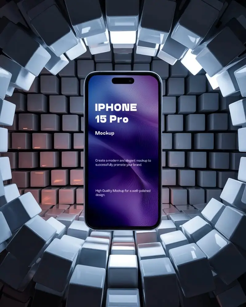 Immersive Tech Cube Iphone 15 Pro Mockup Enclosed In Modern 3d Grid Structure