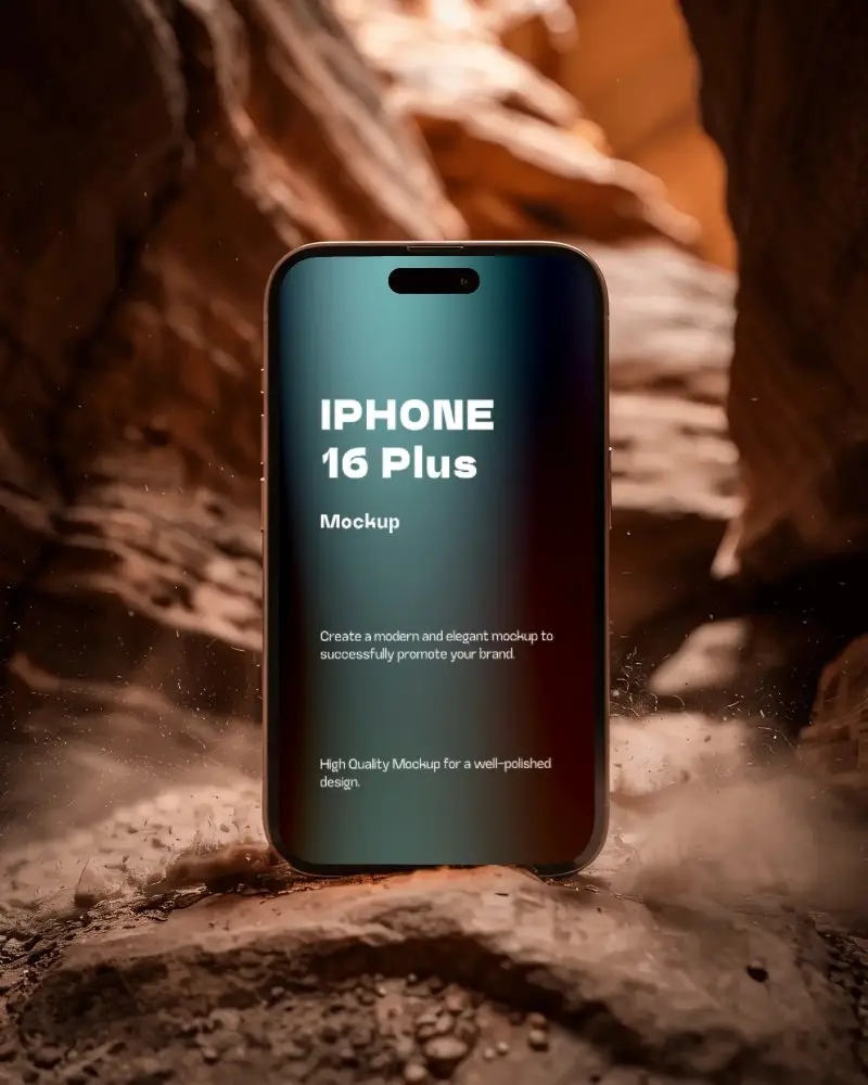Dramatic Canyon Iphone 16 Plus Mockup Framed By Sandstone Cliffs And Dry Ground