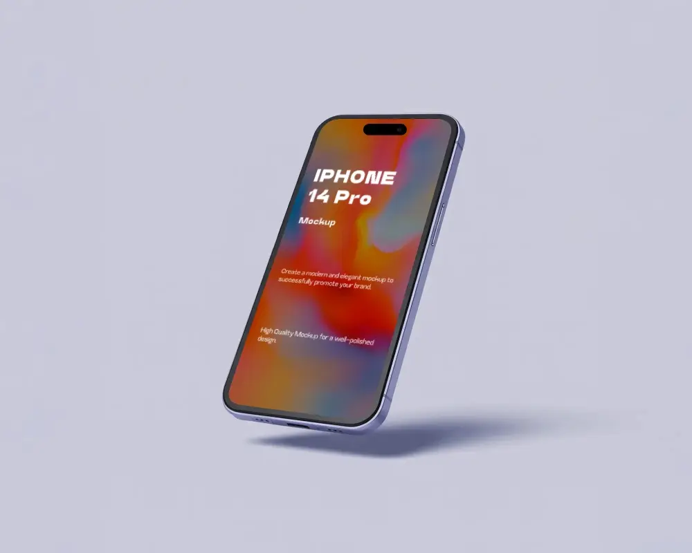 Modern Iphone 14 Pro Mockup Angled View Floating On Light Pastel Backdrop For Ui Design