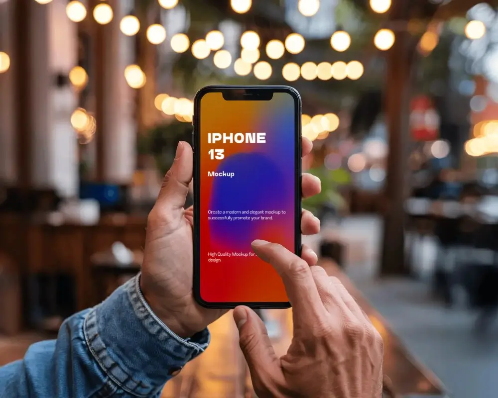 Hand Holding Iphone 13 Mockup At Outdoor Cafe With Bokeh Lights In Warm Evening Ambience