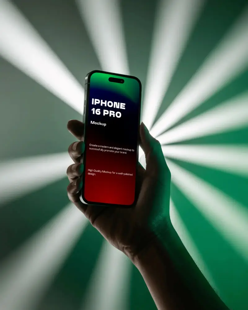 Glowing Backdrop Iphone 16 Pro Mockup In Hand With Green Radiant Burst Light Effect And Dark Shadows