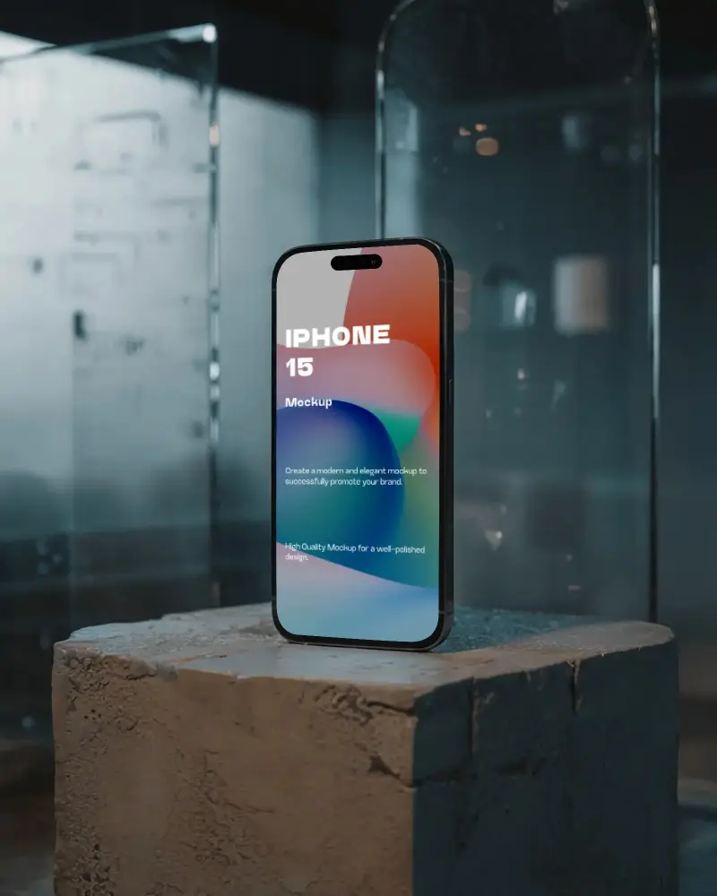 Iphone 15 Mockup Studio Shot On Stone Pedestal With Minimal Exhibit Style Glass Display