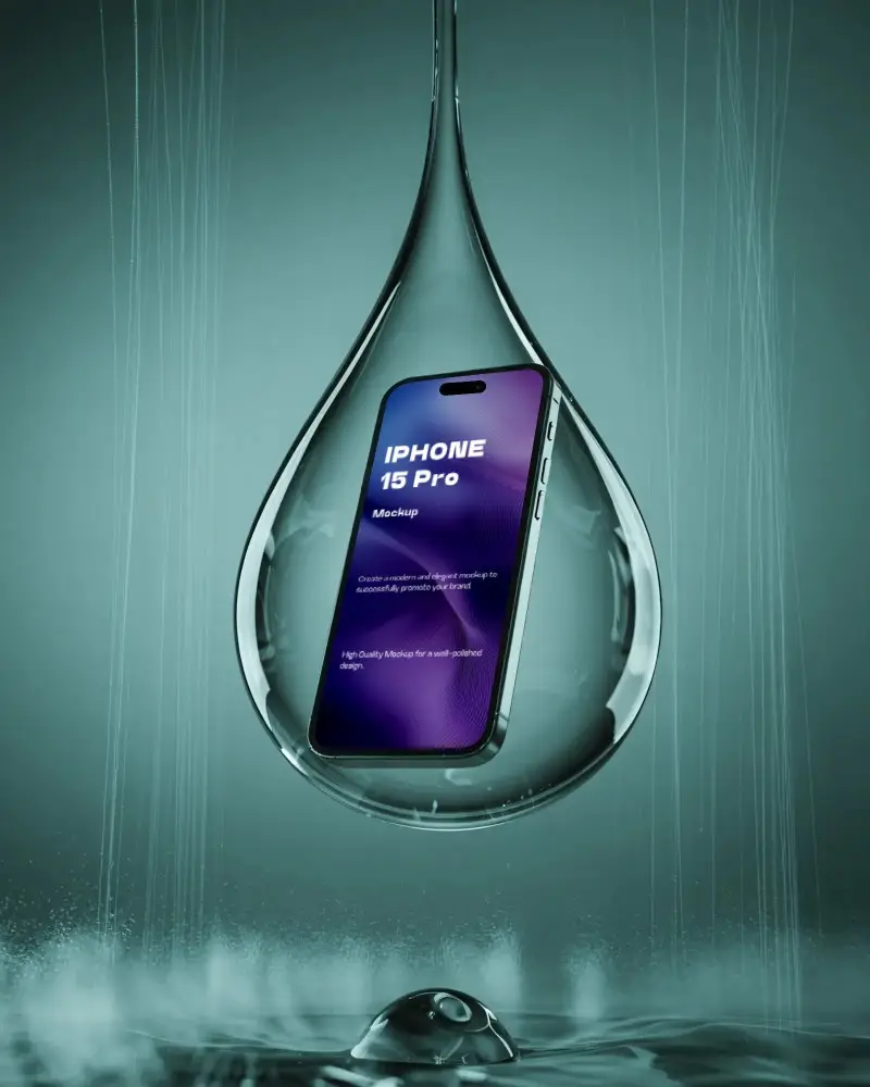 Surreal Iphone 15 Pro Mockup Trapped In Glass Like Droplet With Dramatic Water Effects