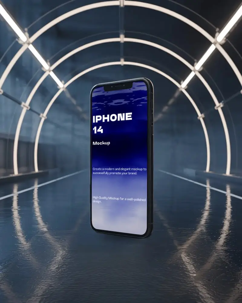 High Tech Tunnel Iphone 14 Mockup On Shiny Surface With Glowing Arches Background
