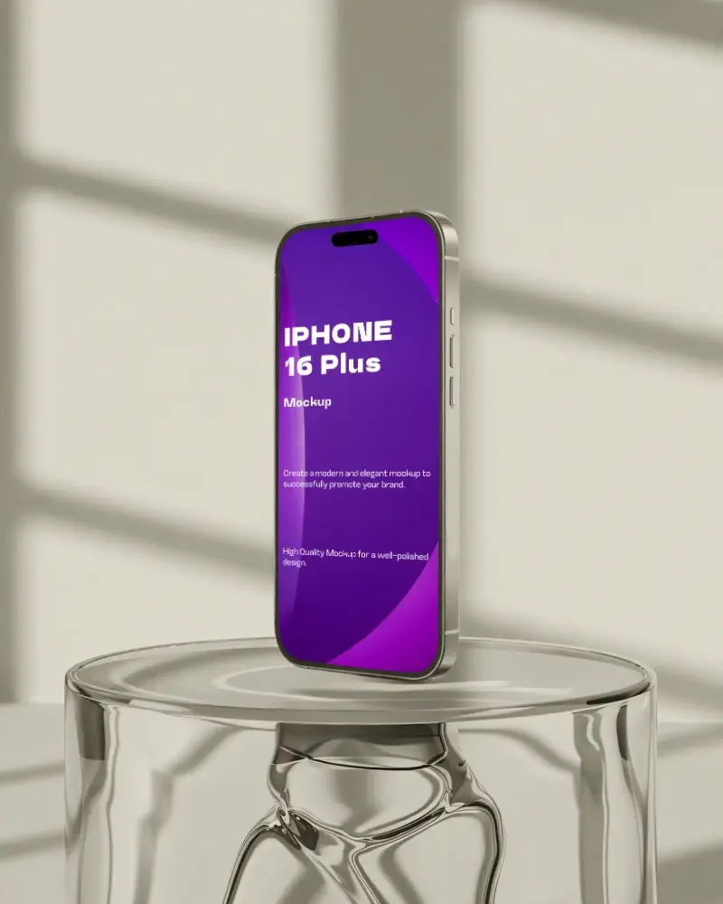 Iphone 16 Plus Mockup Standing On Glass Pedestal With Soft Window Shadows In Neutral Light