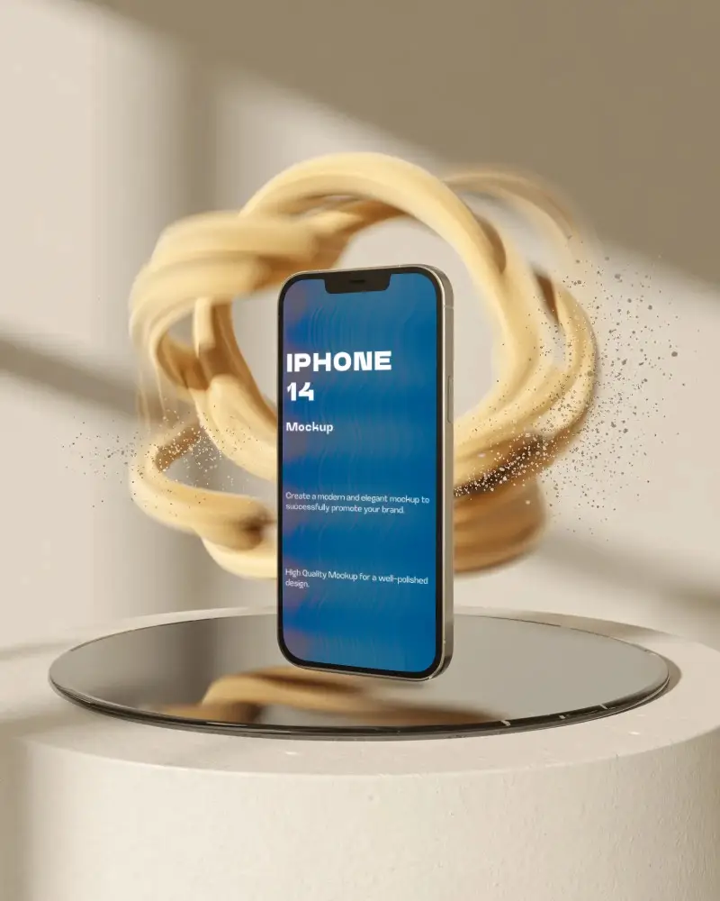 Premium Iphone 14 Mockup Surrounded By Golden Sand Swirls On Reflective Round Pedestal