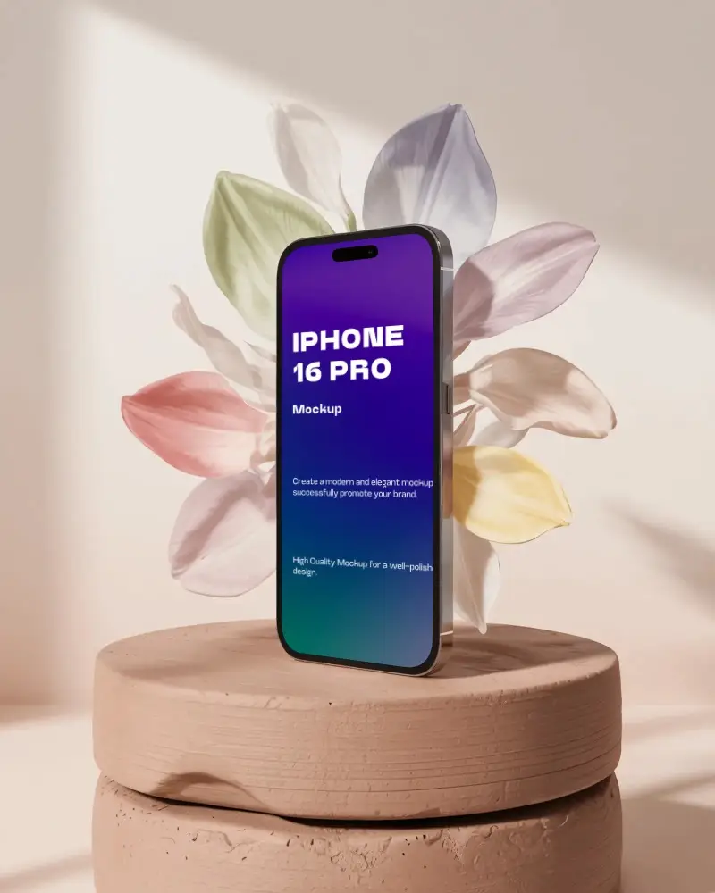 Artistic Iphone 16 Pro Mockup Surrounded By Pastel Flower Petals In Beige Sunlit Scene