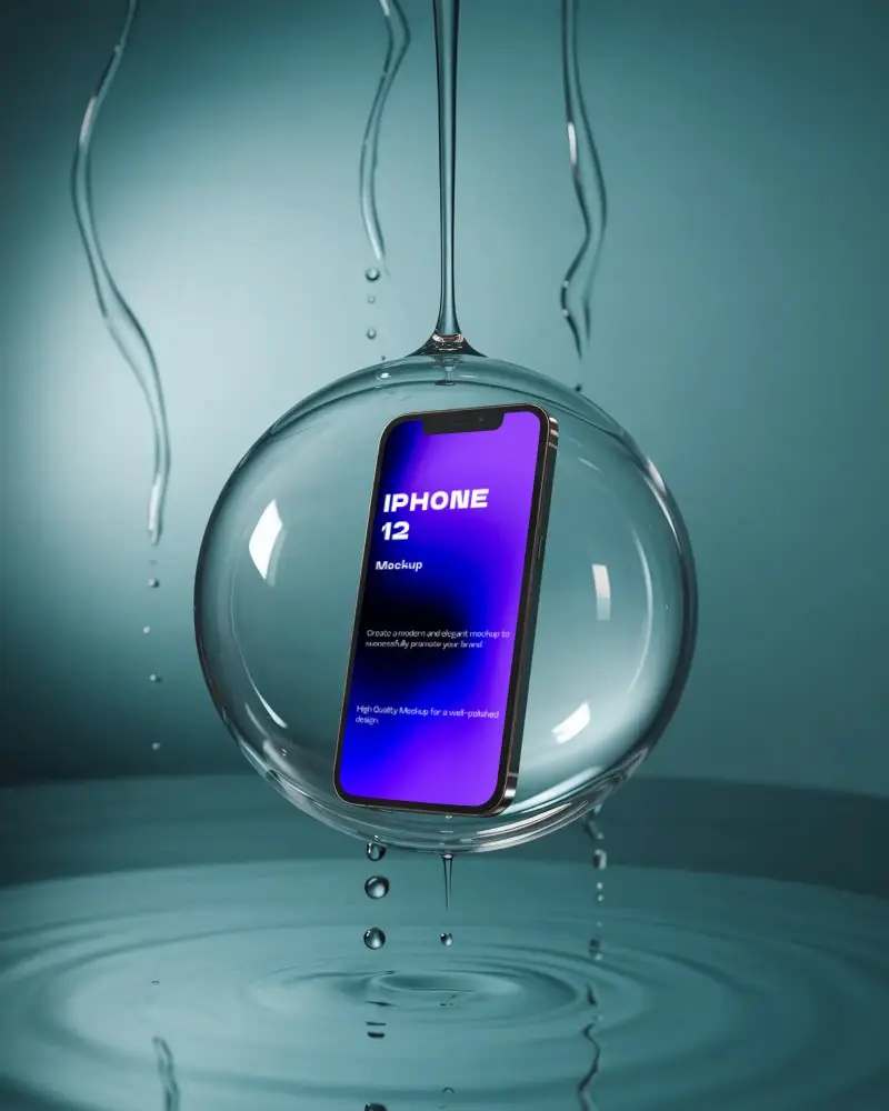 Artistic Iphone 12 Mockup Enclosed In Spherical Droplet Over Soft Wavy Pool Backdrop