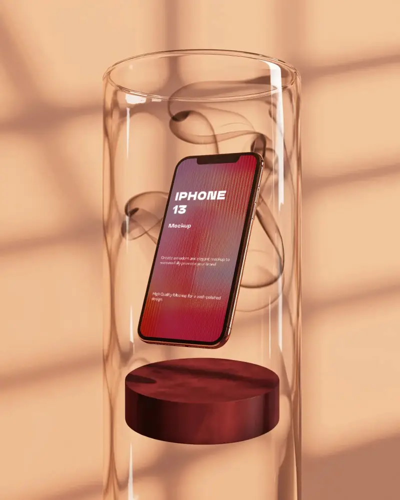 premium-iphone-13-mockup-suspended-above-red-disc-in-transparent-vessel-with-soft-light
