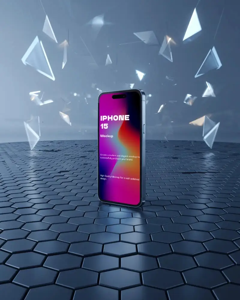 cinematic-iphone-15-mockup-on-metallic-honeycomb-floor-with-fractured-glass-elements