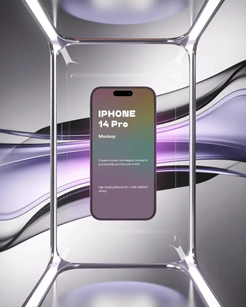 iphone-14-pro-mockup-floating-in-futuristic-glass-chamber-with-glowing-purple-lightwaves