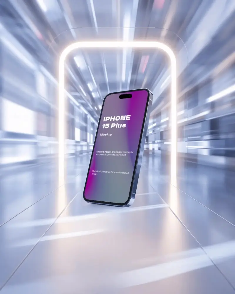 iphone-15-plus-mockup-floating-in-light-portal-with-high-speed-futuristic-hallway-blur