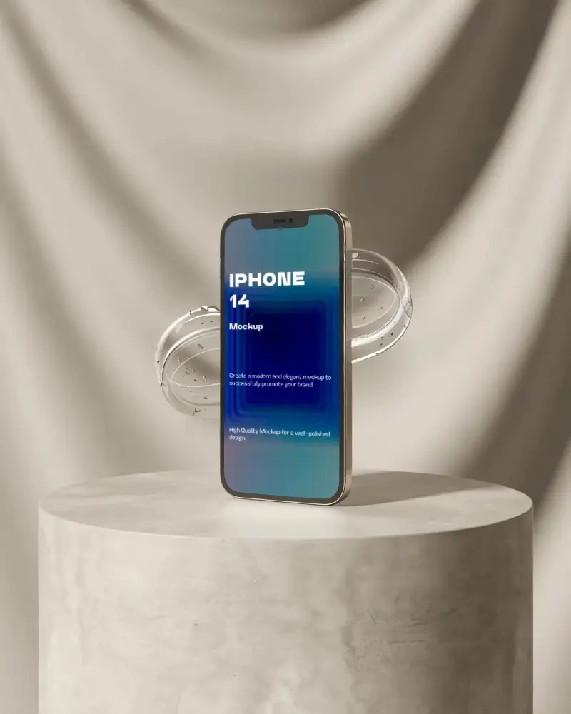 elegant-iphone-14-mockup-standing-on-stone-podium-with-draped-fabric-and-floating-rings