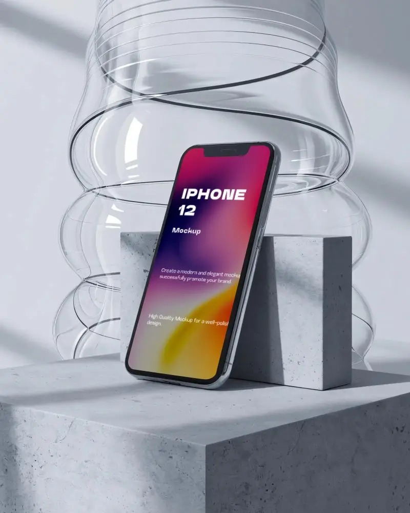 iphone-12-mockup-on-concrete-blocks-with-abstract-glass-sculpture-and-modern-lighting