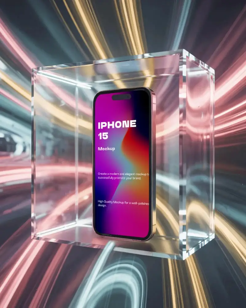 Glowing Neon Environment Iphone 15 Mockup Enclosed In Transparent Cube With Color Motion Blur