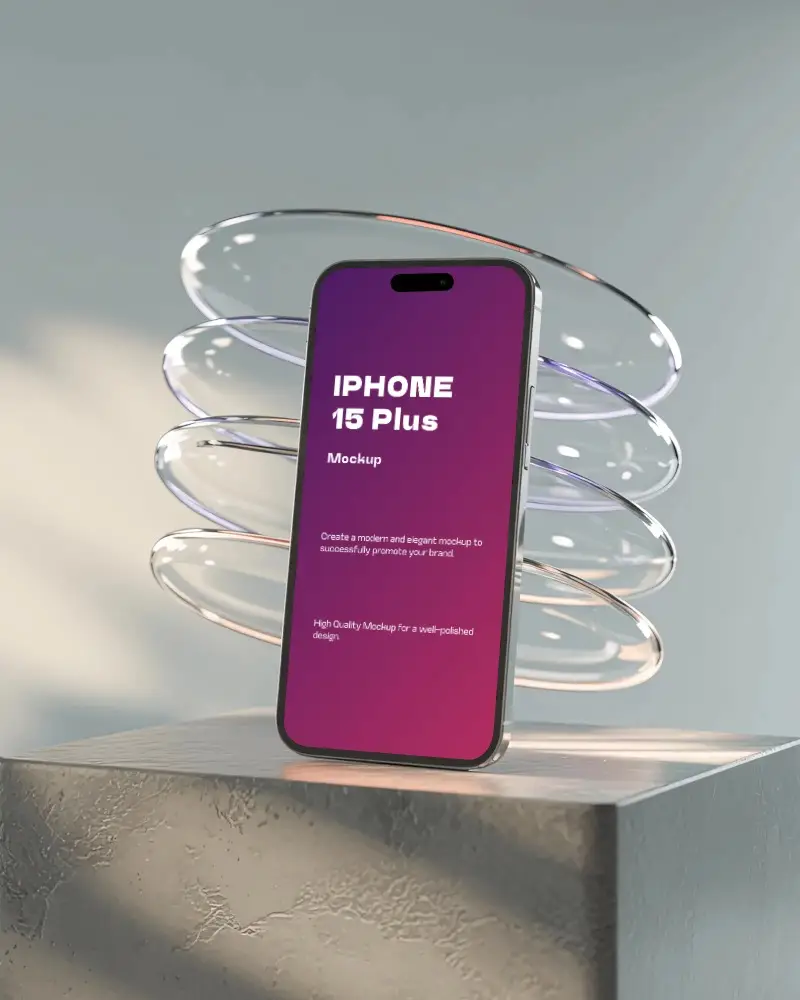 iphone-15-plus-mockup-on-concrete-block-with-floating-glass-rings-and-soft-studio-sunlight-glow