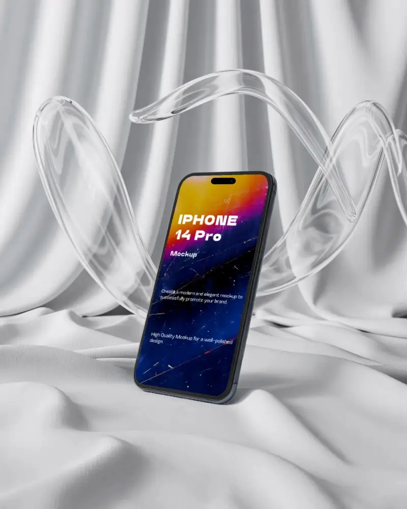 iphone-14-pro-mockup-standing-on-soft-white-fabric-with-swirling-glass-art-sculpture-backdrop