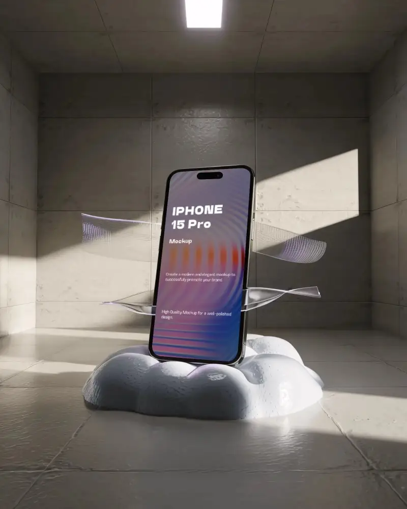 iphone-15-pro-mockup-on-puffy-cloud-base-in-tiled-room-with-abstract-wings-and-spotlight-shadow