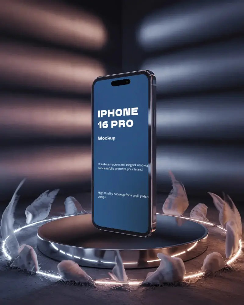 iphone-16-pro-mockup-on-lit-platform-surrounded-by-sculpted-flames-in-moody-studio-lightscape