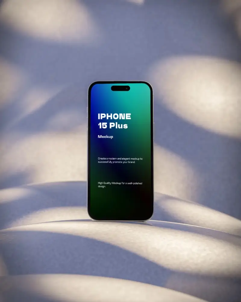 iphone-15-plus-mockup-on-curved-surface-with-dappled-light-shadow-in-soft-abstract-scenery