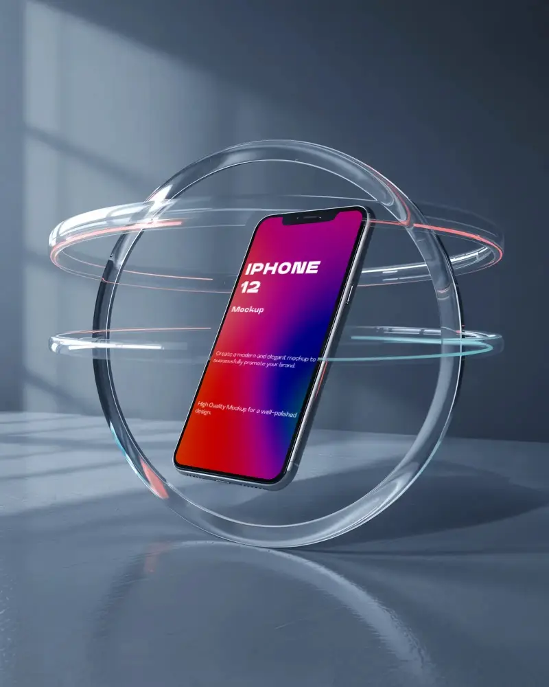 iphone-12-mockup-tilted-inside-clear-rotating-ring-structure-in-dark-room-with-soft-window-light