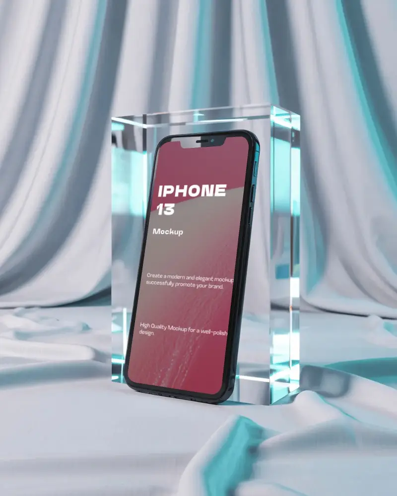 elegant-iphone-13-mockup-encased-in-clear-glass-frame-on-smooth-fabric-with-blue-glow