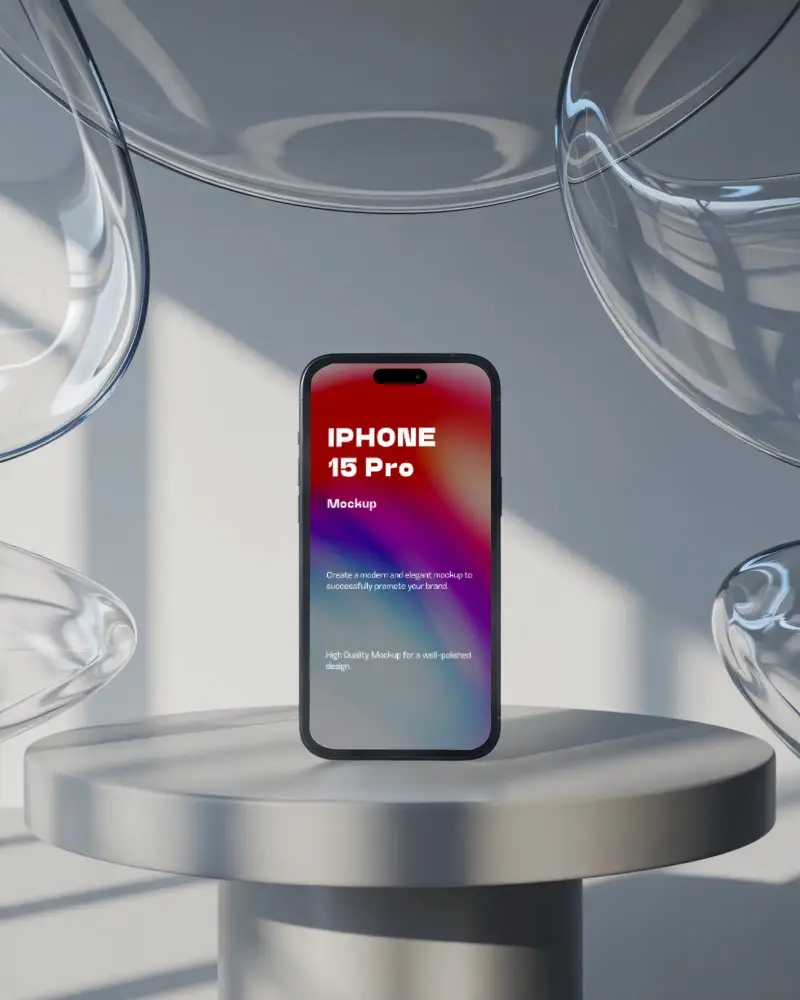 iphone-15-pro-mockup-on-round-platform-with-floating-glass-shapes-and-soft-sunlight-shadows