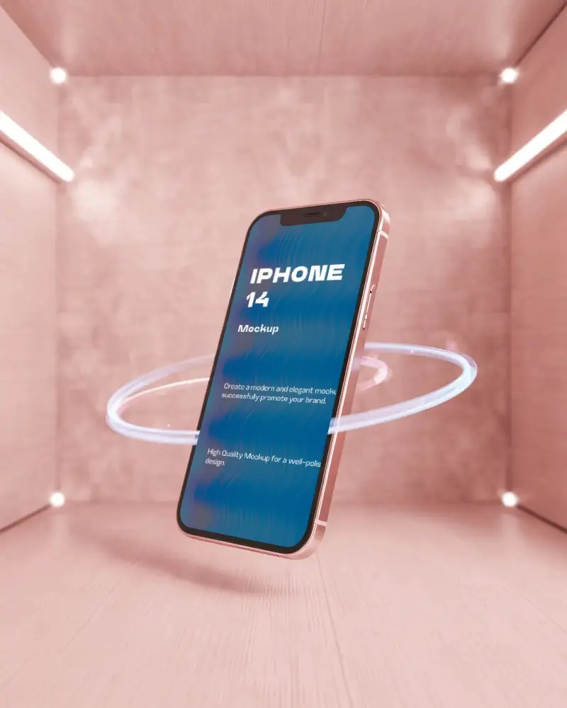 futuristic-iphone-14-mockup-suspended-in-pink-display-cube-with-electric-light-orbit-effect