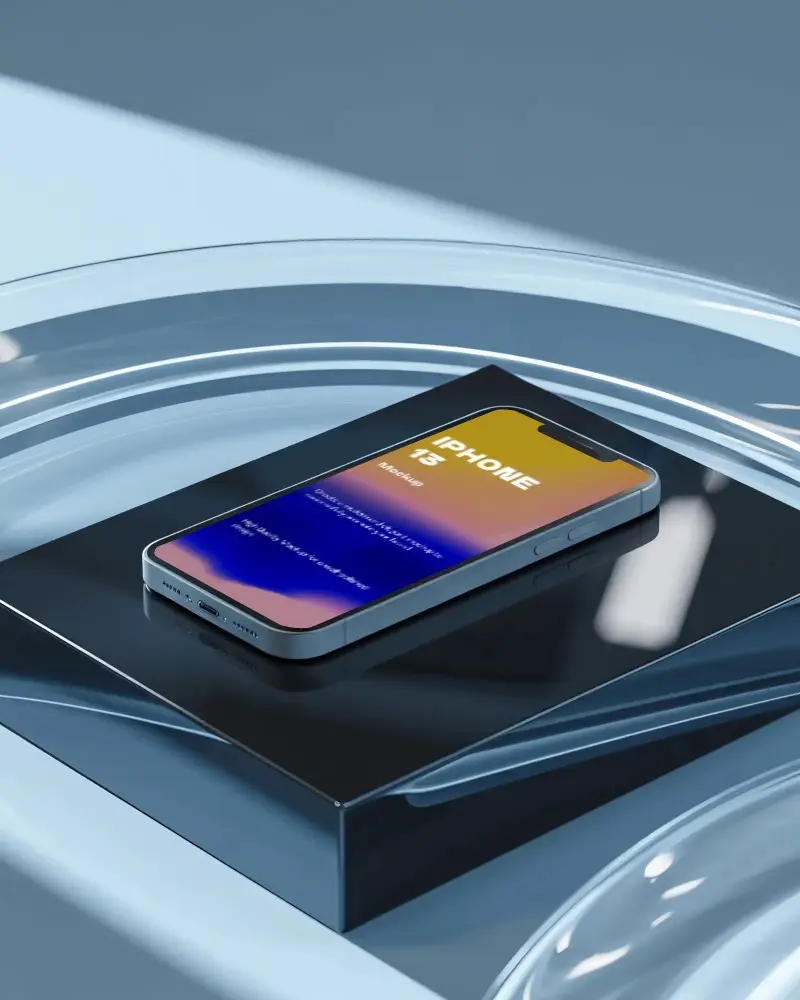 iphone-13-mockup-in-flat-lay-position-on-glossy-black-platform-with-fluid-glass-ring-surround