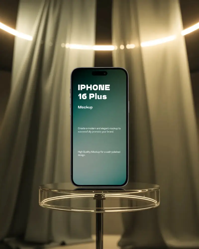 luxury-presentation-iphone-16-plus-mockup-on-glass-stand-with-curtains-and-ring-light