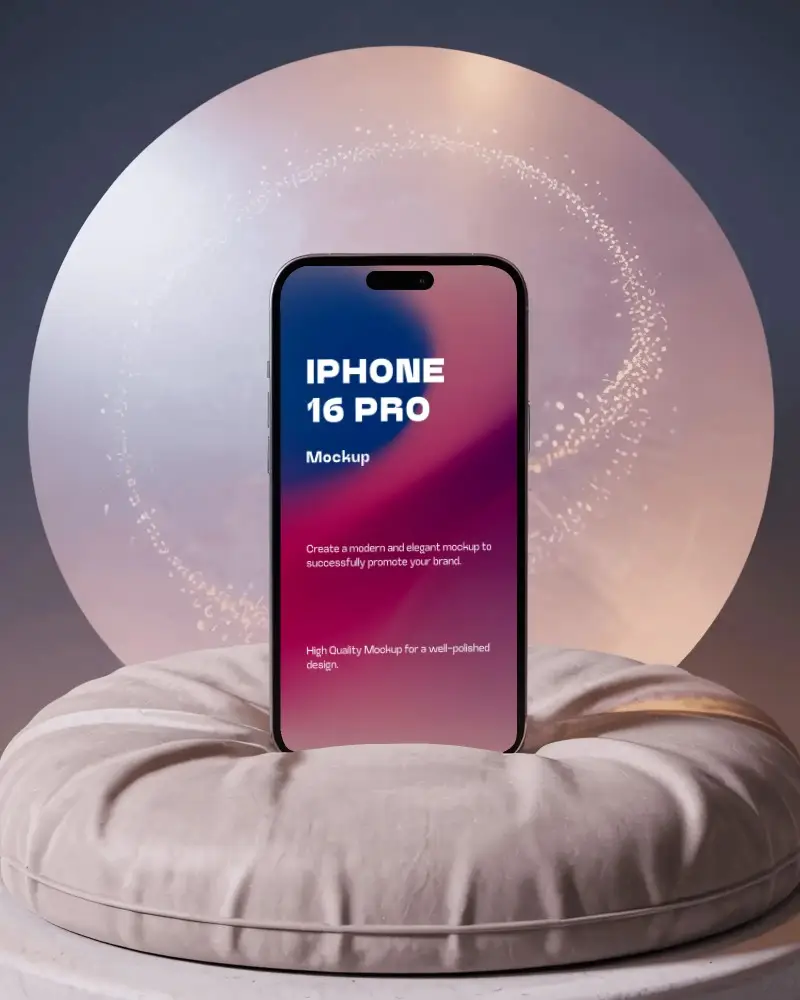 celestial-theme-iphone-16-pro-mockup-on-puffy-pad-with-soft-gradient-back-glow-ring