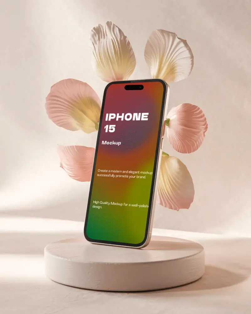 floral-themed-iphone-15-mockup-on-wooden-podium-with-soft-petals-and-warm-lighting