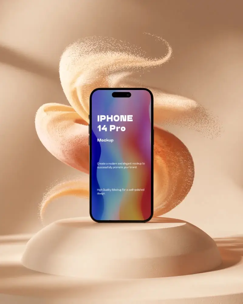 iphone-14-pro-mockup-on-rounded-platform-with-abstract-dust-swish-in-earthy-color-scene