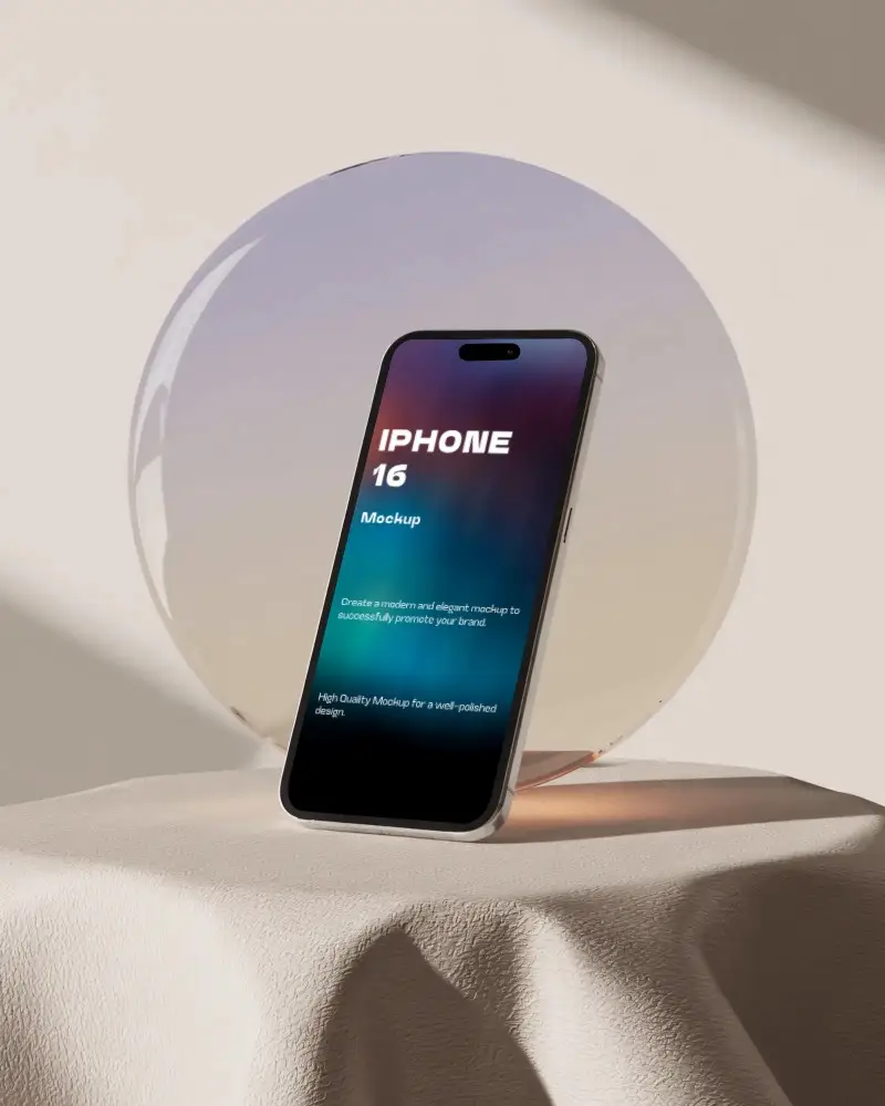 iphone-16-mockup-against-glass-gradient-disc-on-textured-cloth-with-soft-daylight-glow