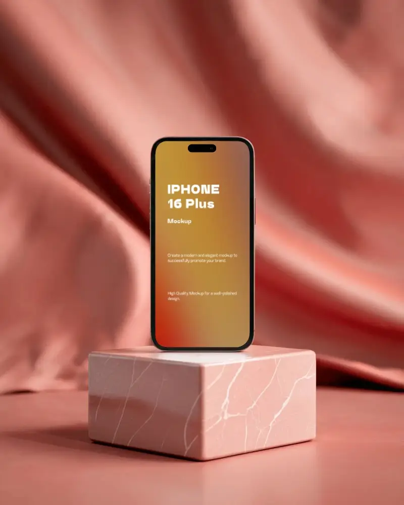 iphone-16-plus-mockup-on-pink-marble-podium-with-soft-draped-fabric-background-styling