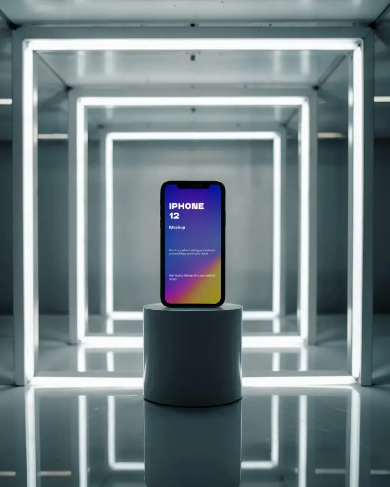iphone-12-mockup-on-pedestal-in-led-light-cube-tunnel-with-symmetrical-reflection-glow