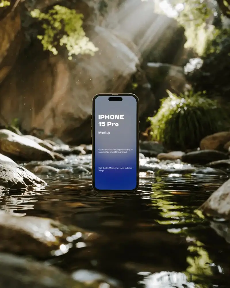 Iphone 15 Pro Mockup Standing In Forest Stream With Sunlight Beams And Natural Reflection