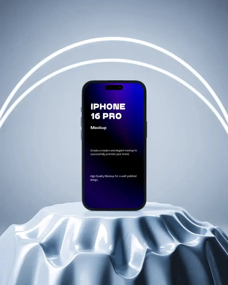 Iphone 16 Pro Mockup On Metallic Drape Podium With Arched Neon Lights In Cool Studio