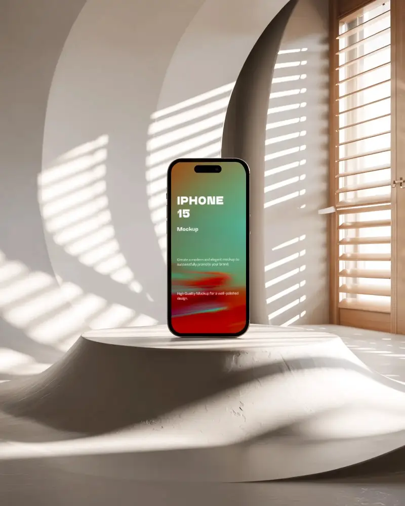 Natural Light Iphone 15 Mockup On Sculptural White Base With Elegant Wall Curvature